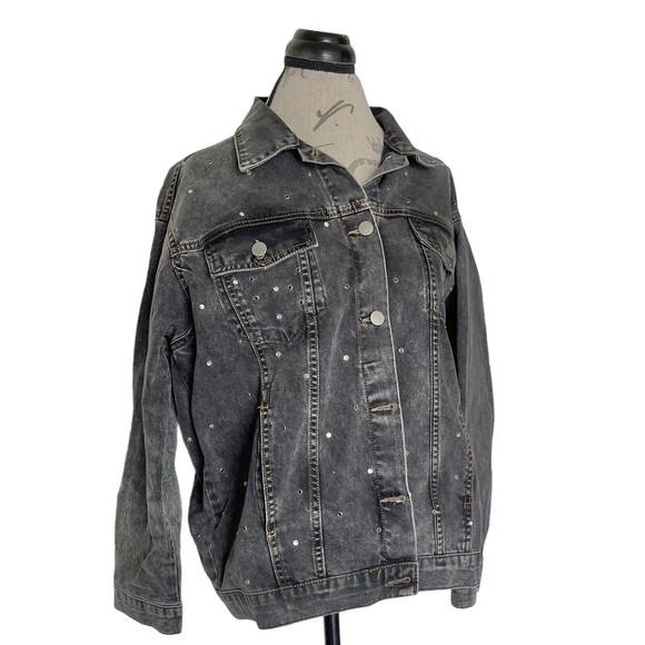 Boohoo Blue Womens Gray Jacket Denim Rhinestone Sequin Y2k 80's look Size 8 - Picture 2 of 15